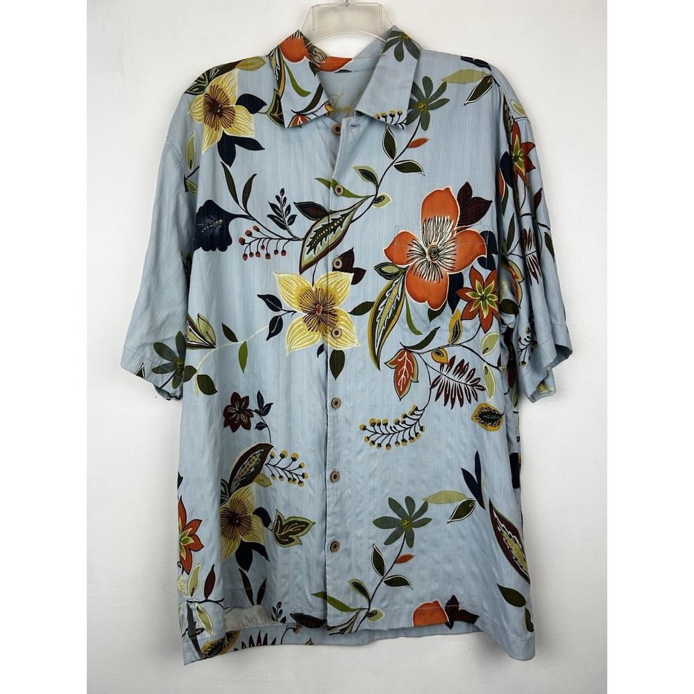 Tommy Bahama Shirt Mens L Blue Hawaiian Camp Floral Vacation Tropical Cruise